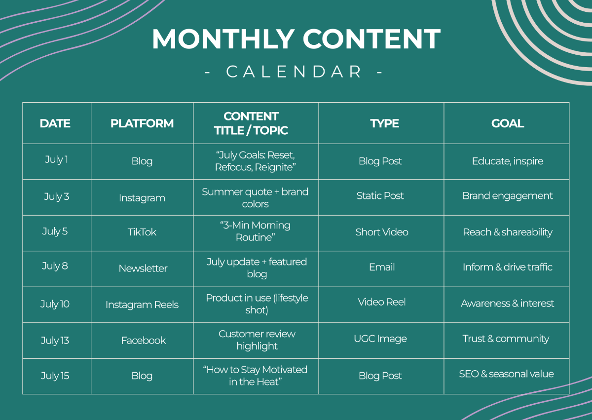 Free Monthly Content Calendar Template