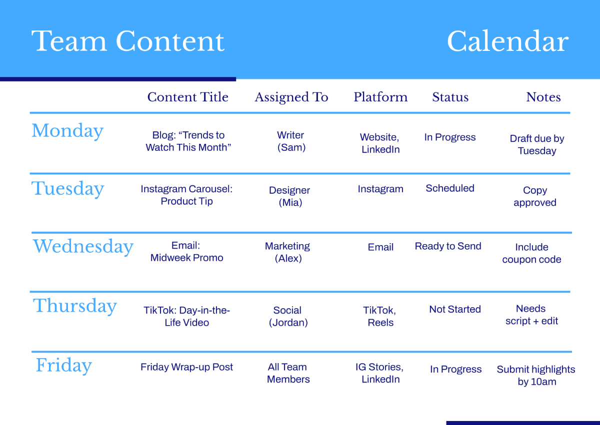 Free Modern Team Content Calendar Template
