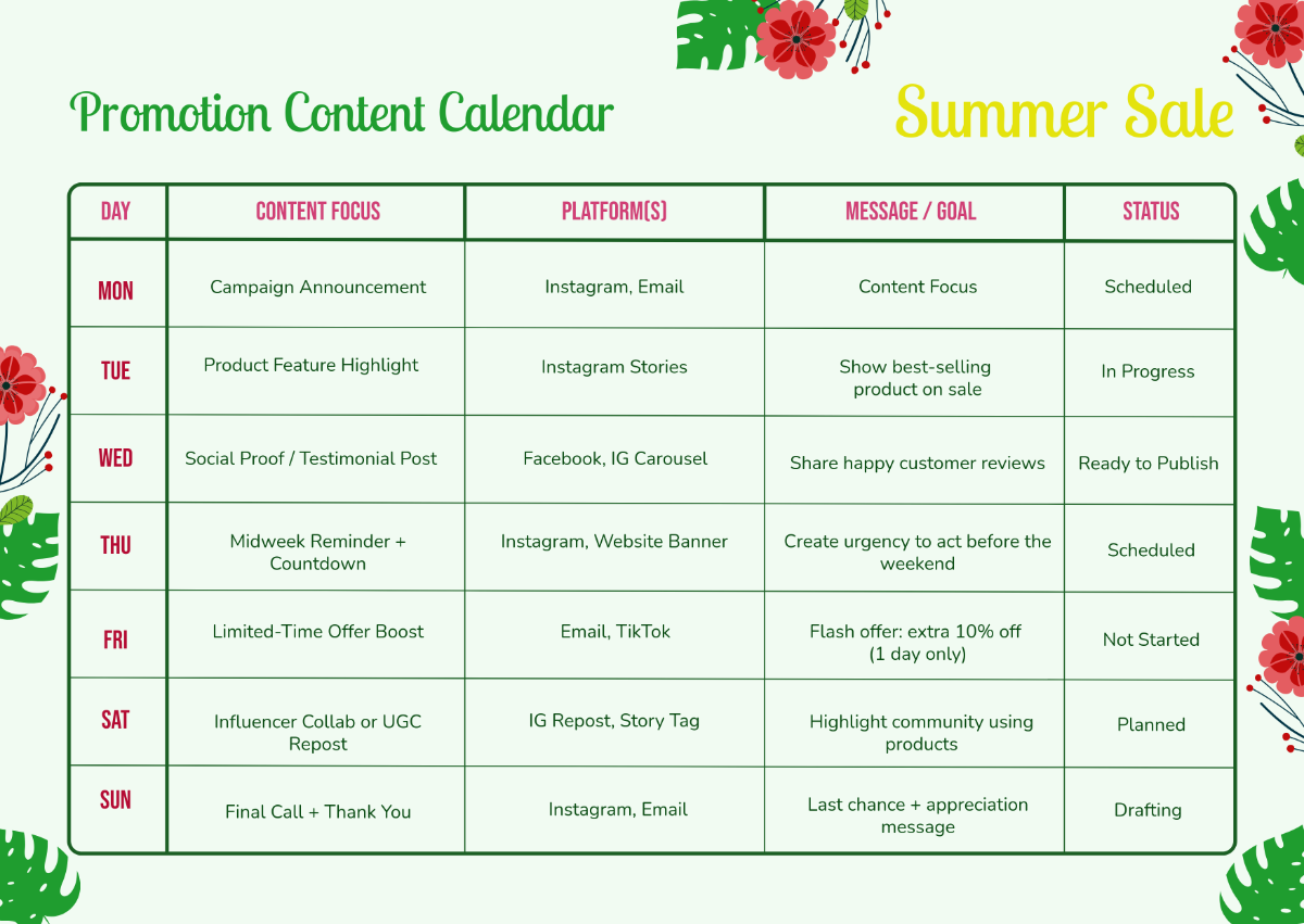 Free Promotion Content Calendar Template to Edit Online