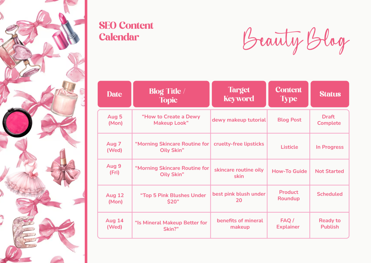 Free Pink SEO Content Calendar Template