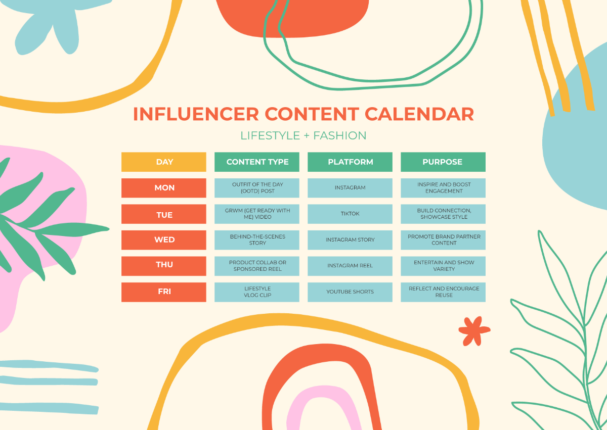 Free Colorful Influencer Content Calendar Template