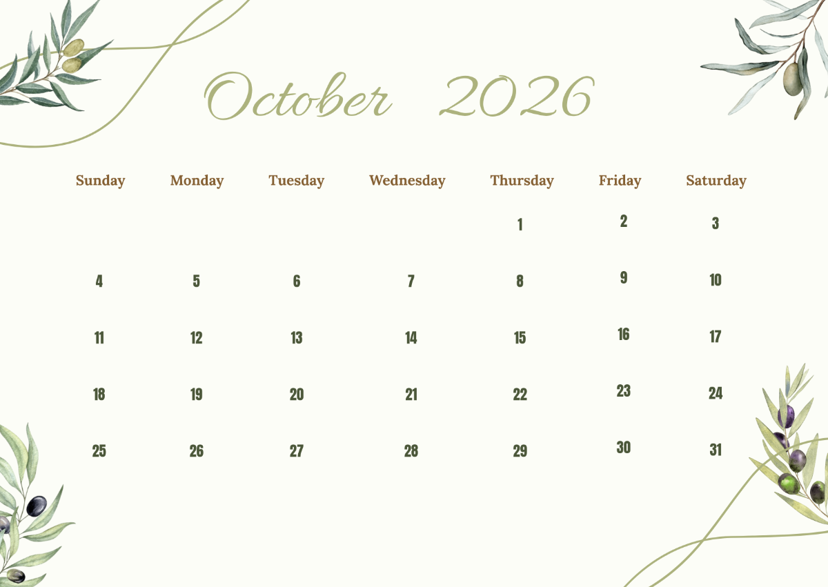 Free Olive Botanical October 2026 Calendar Template