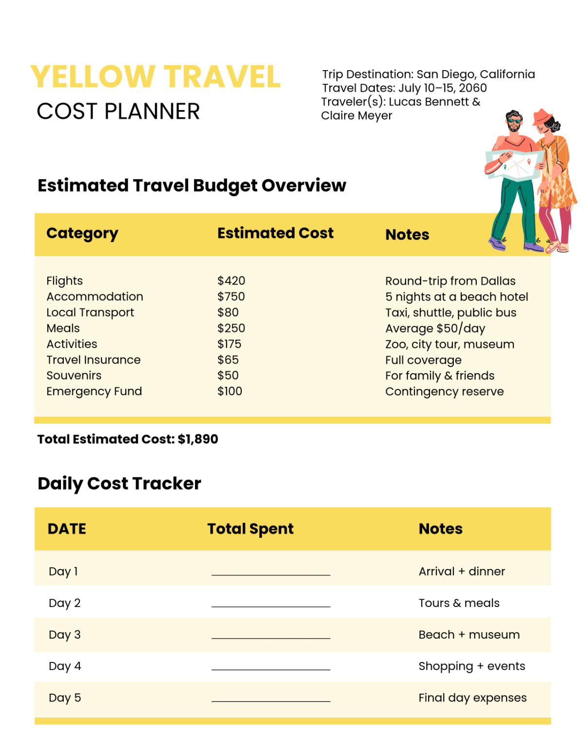 Free Yellow Travel Cost Planner Template