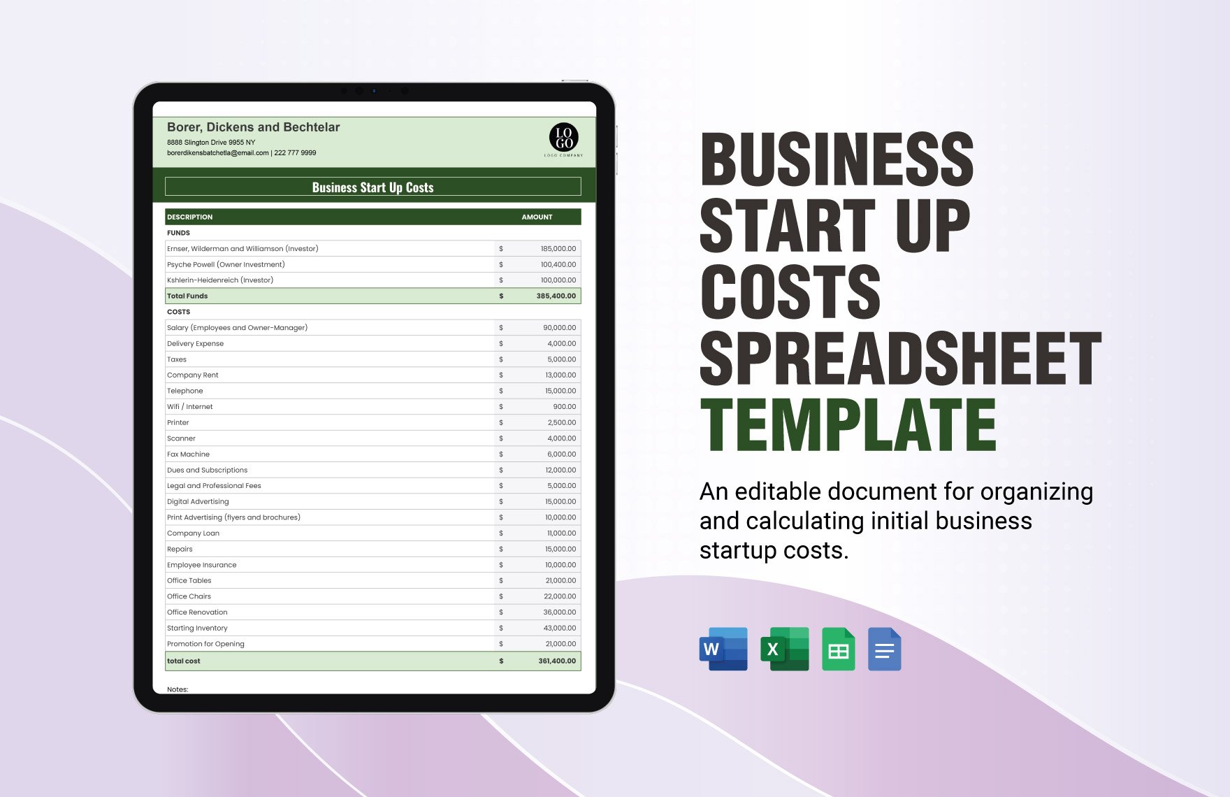 Business Start Up Costs Spreadsheet Template in Word, Google Docs, Excel, Google Sheets
