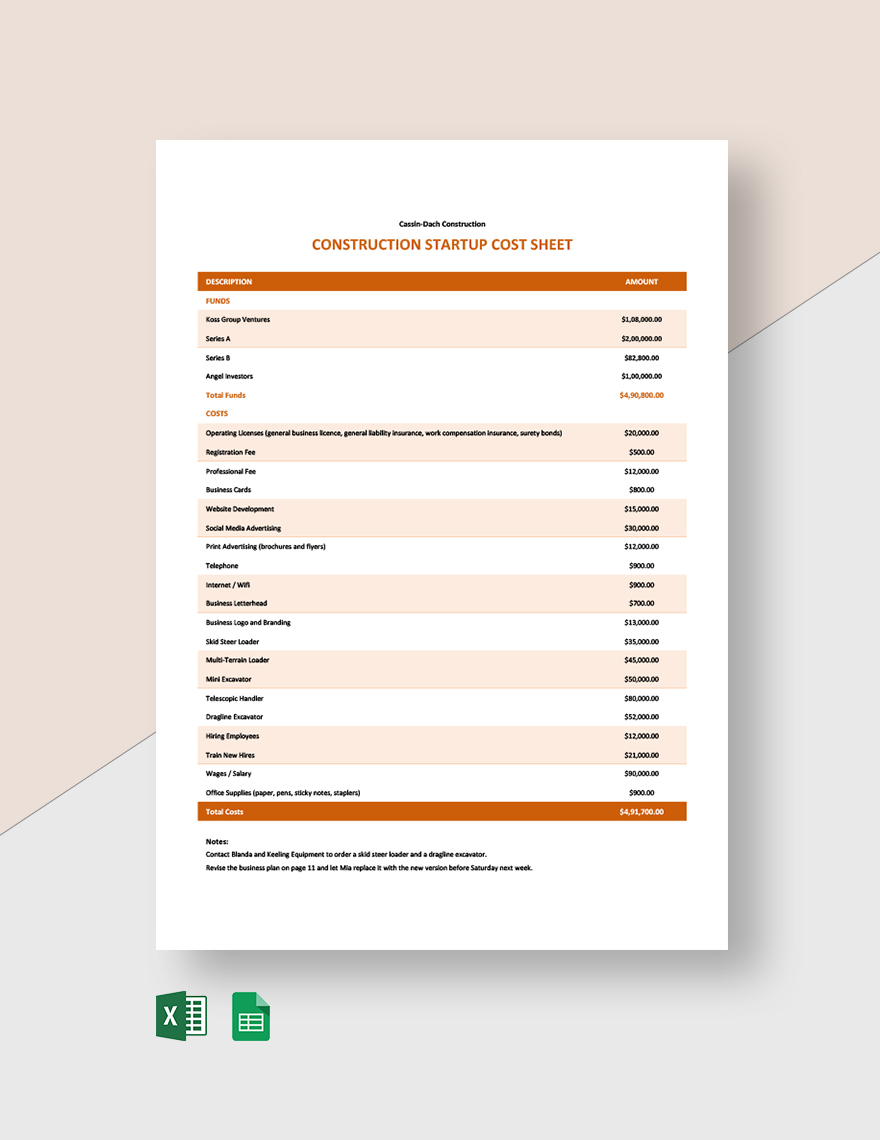 Construction Startup Sheet Template