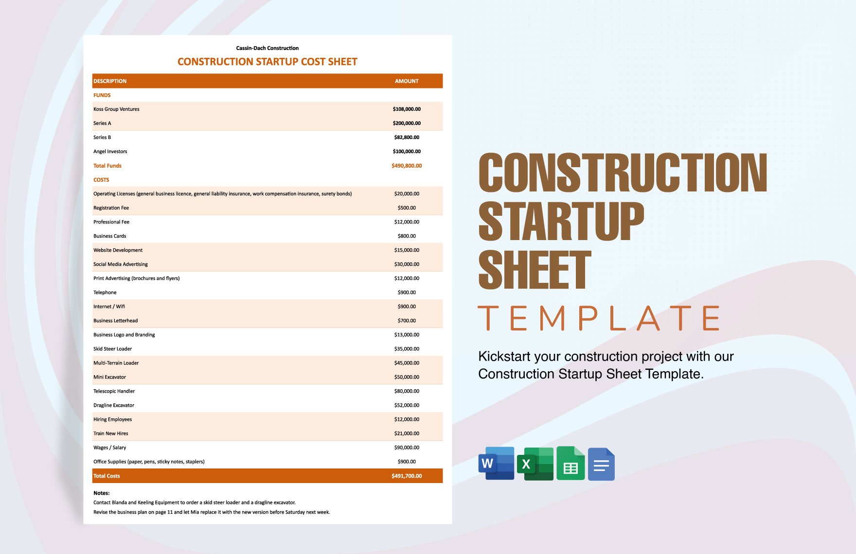 Construction Startup Sheet Template in Word, Google Docs, Excel, Google Sheets