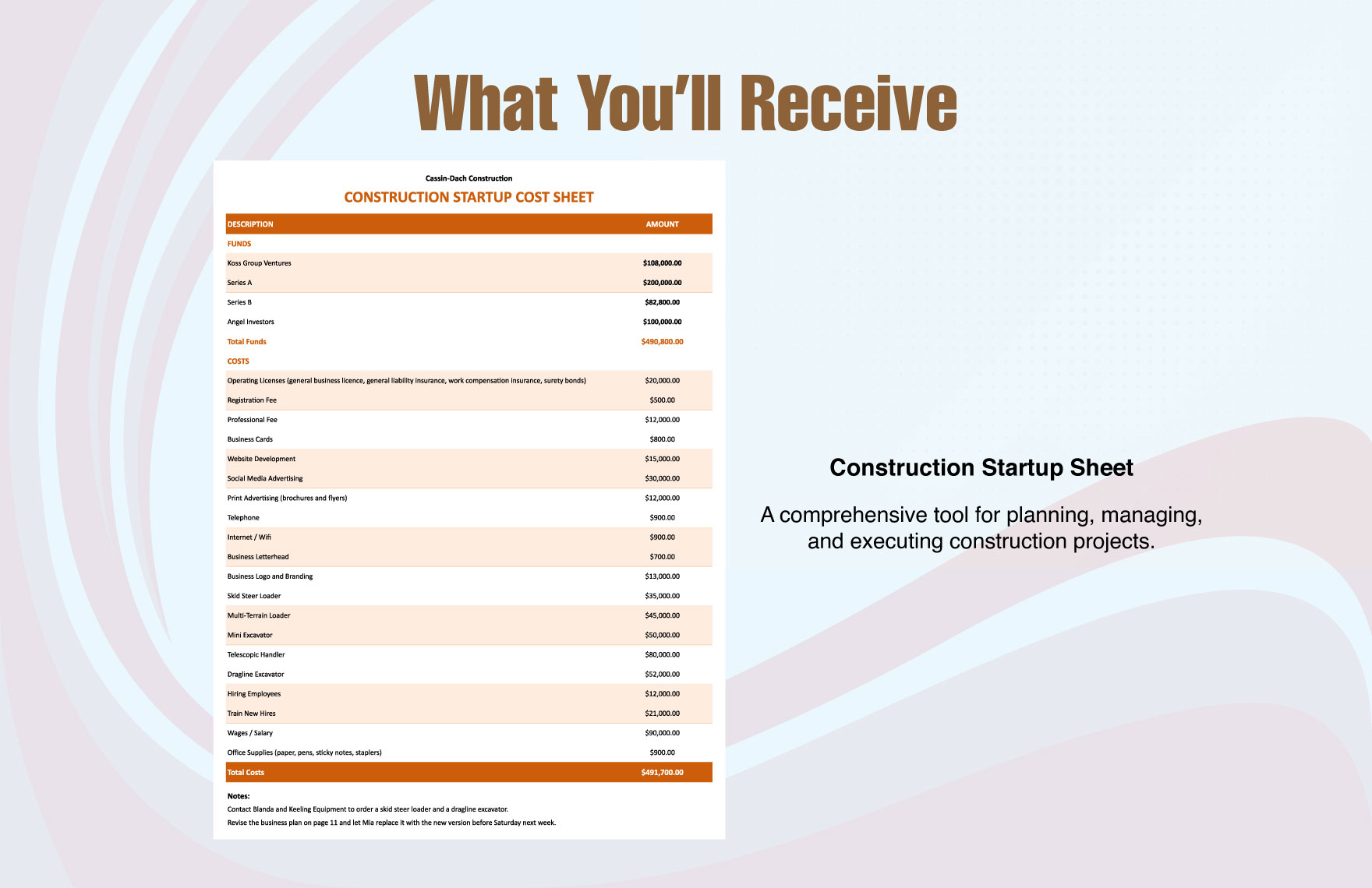 Construction Startup Sheet Template
