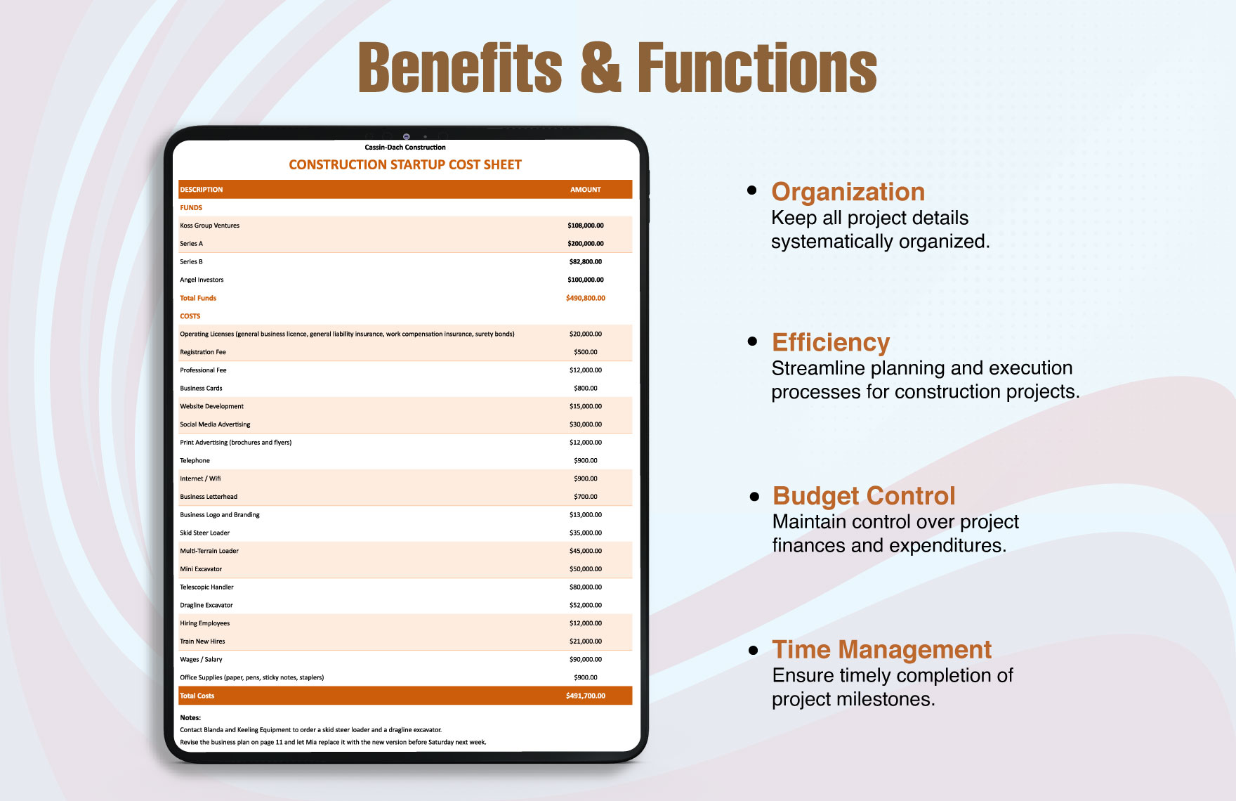 Construction Startup Sheet Template