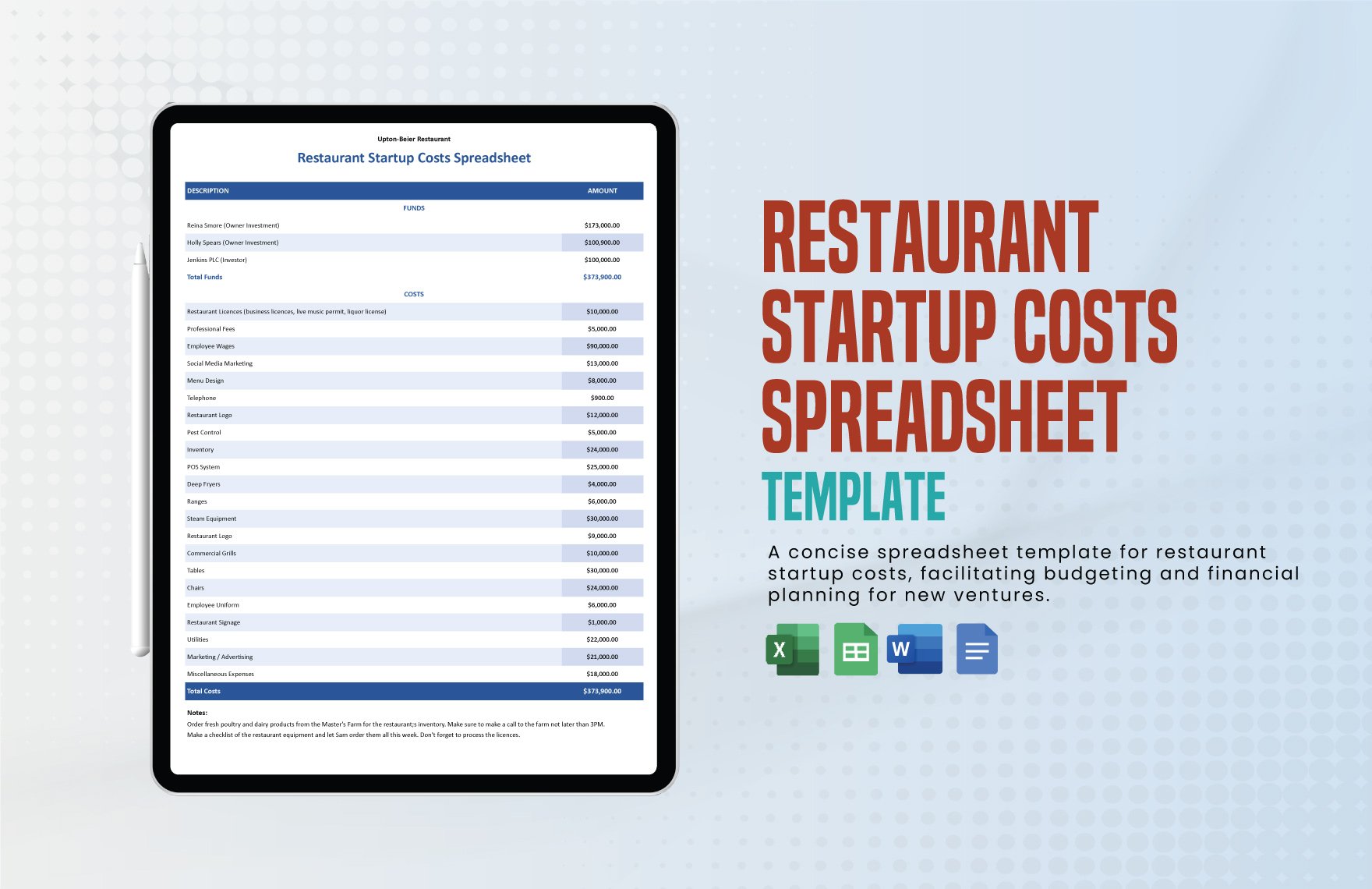 Restaurant Startup Costs Spreadsheet Template in Word, Google Docs, Excel, Google Sheets
