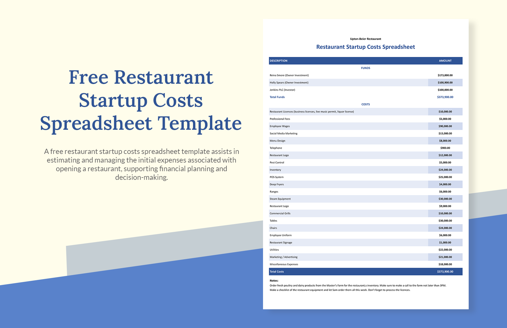 Restaurant Startup Costs Spreadsheet Template