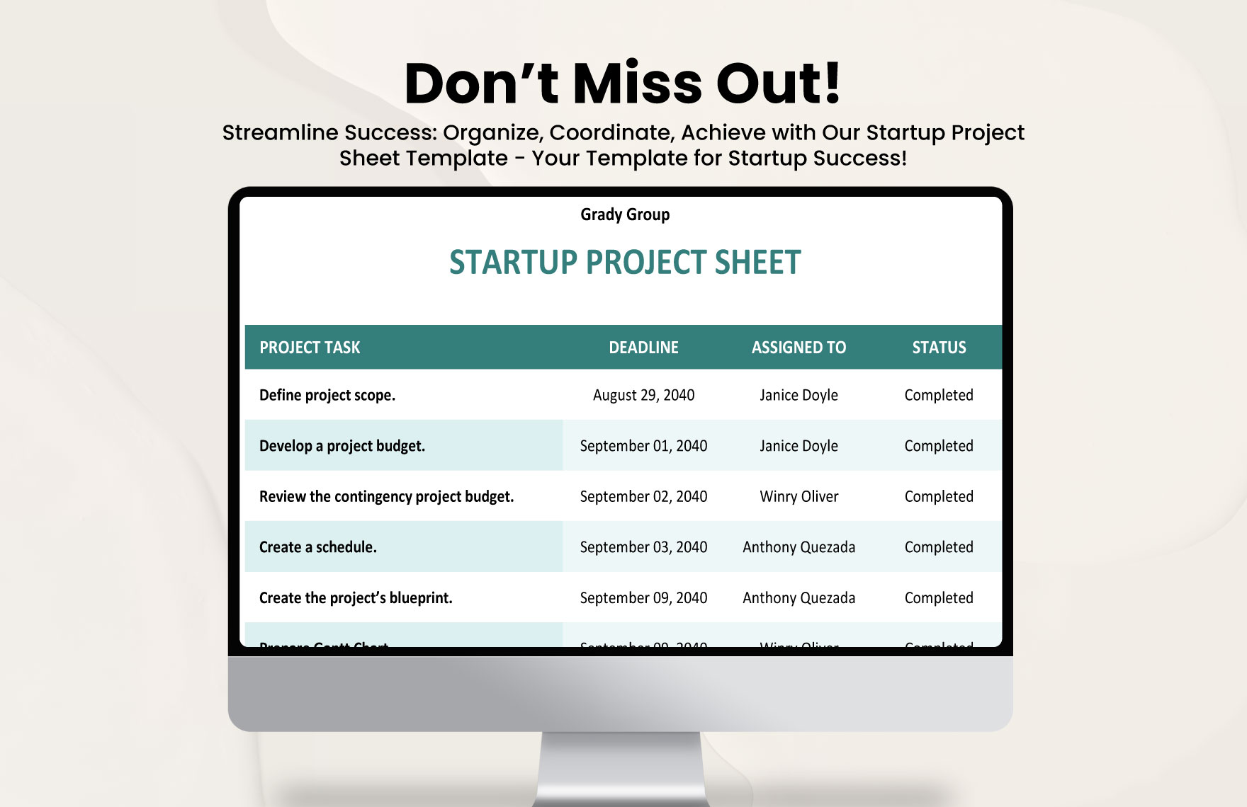 Startup Project Sheet Template