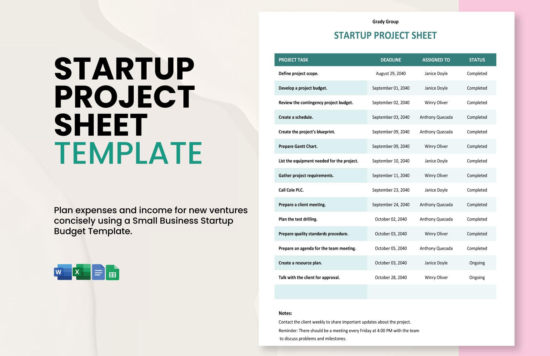 Startup Project Sheet Template in Word, Google Docs, Excel, Google Sheets
