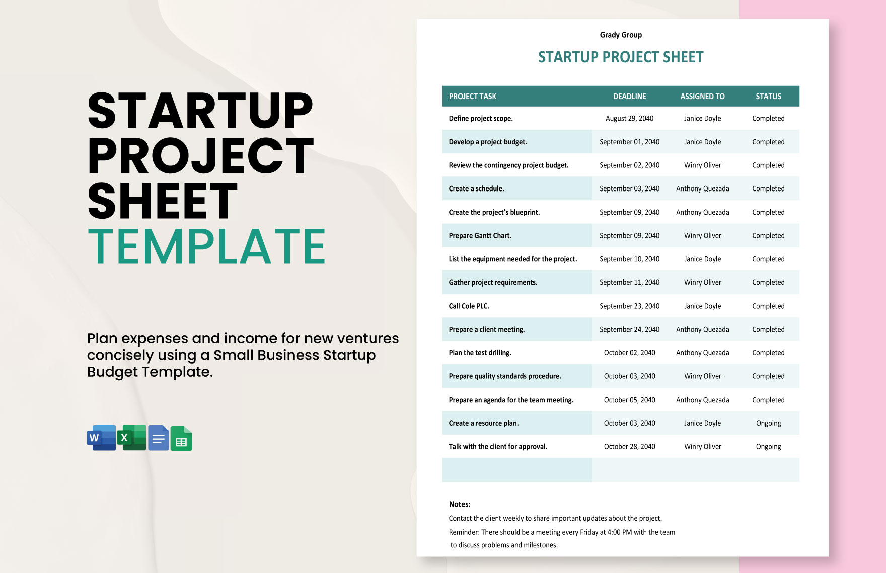 Startup Project Sheet Template in Excel, Google Sheets, Word, Google Docs - Download | Template.net