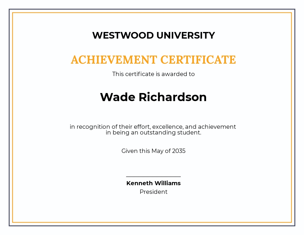 Sample Academic Achievement Award Certificate Template - Word