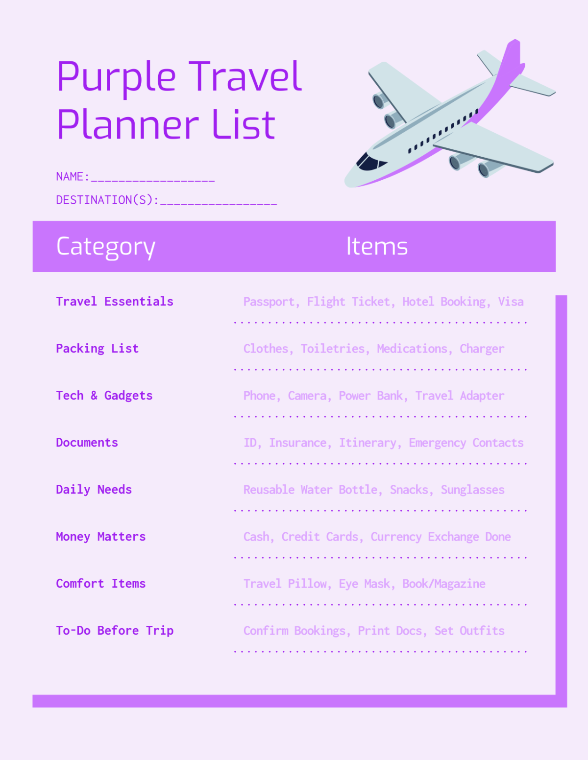 Free Purple Travel Planner List Template