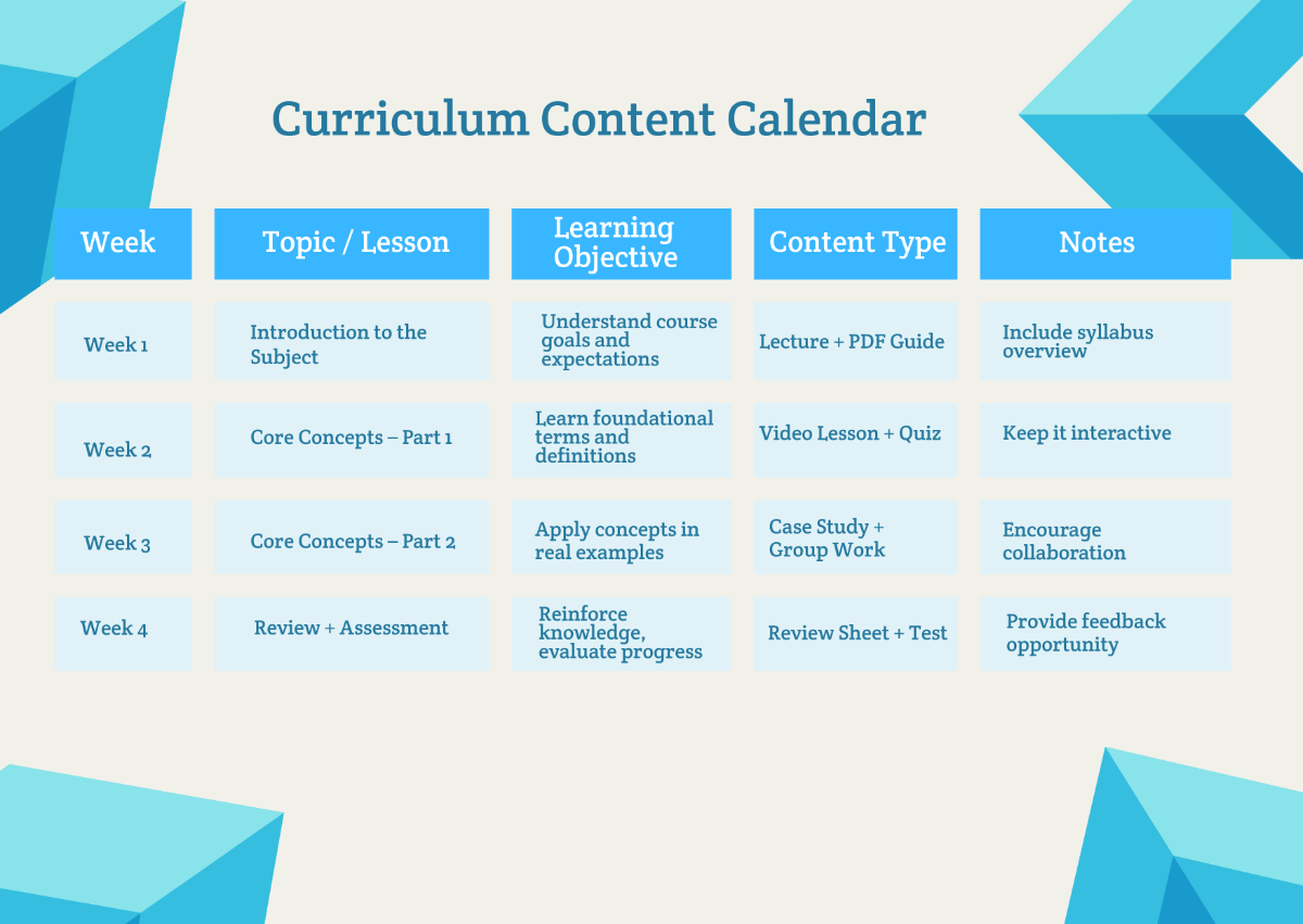 Free Curriculum Content Calendar Template