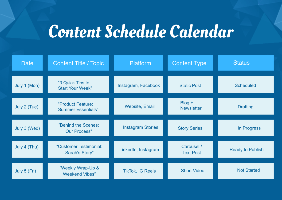Free Content Schedule Calendar Template