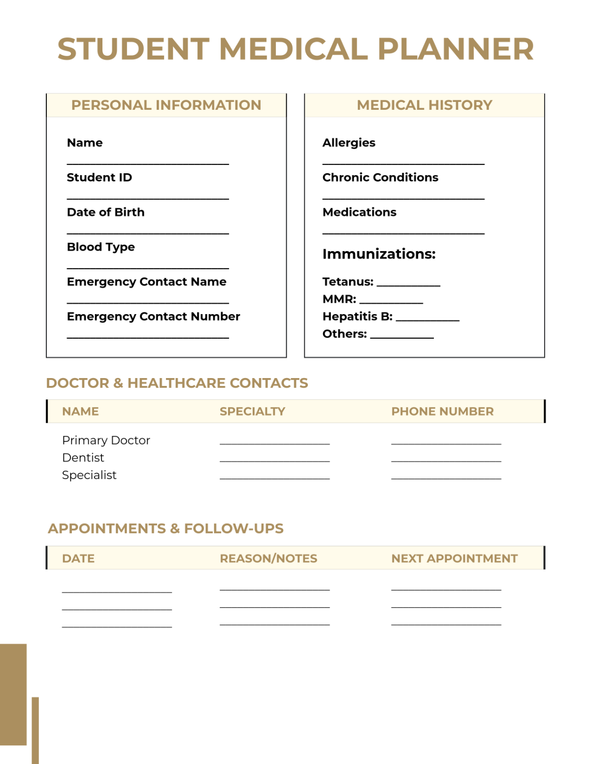 Free Student Medical Planner Template to Edit Online