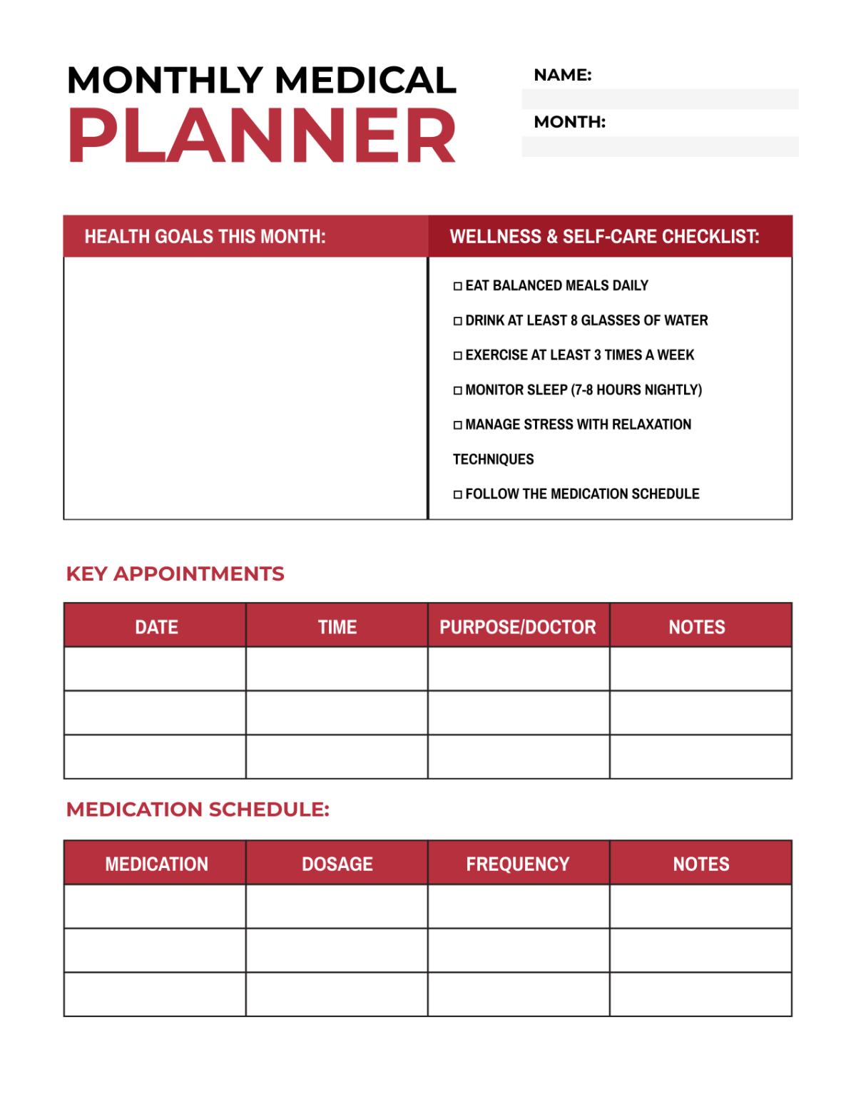 Free Monthly Medical Planner Template to Edit Online