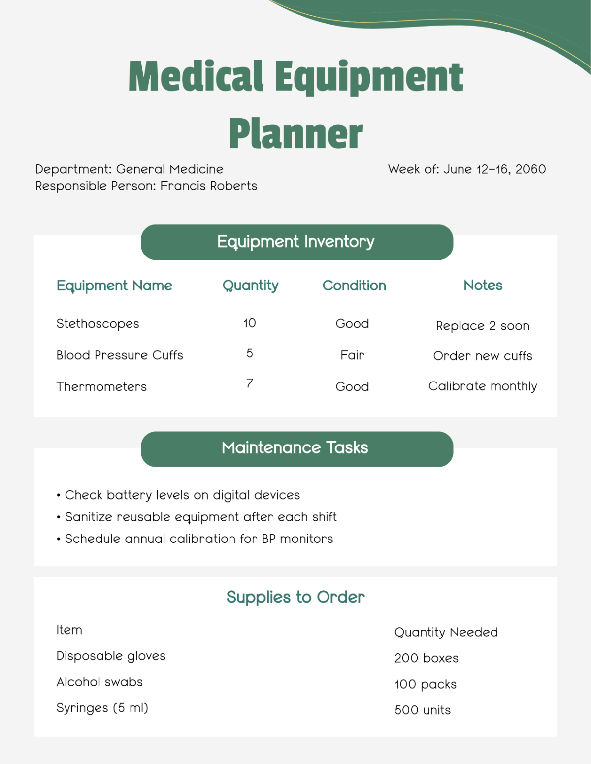 Free Medical Equipment Planner Template to Edit Online