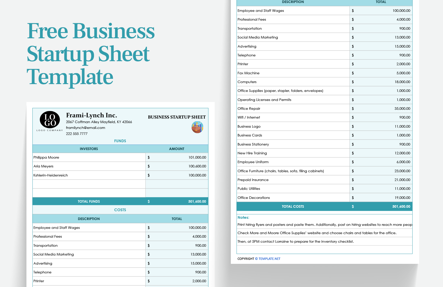 Business Startup Sheet Template