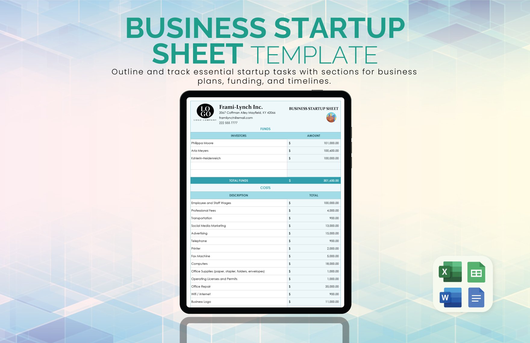 Free Business Startup Sheet Template in Word, Google Docs, Excel, Google Sheets