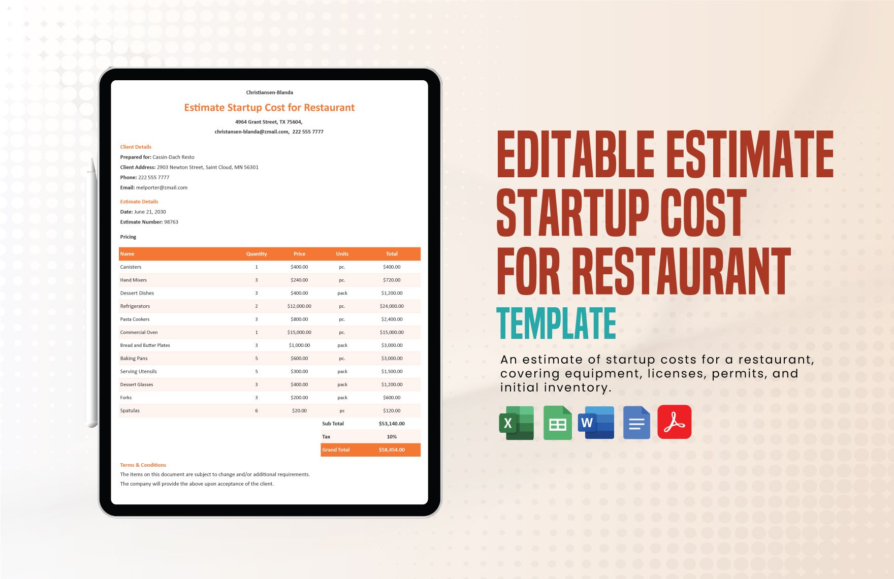 Editable Estimate Startup Cost for Restaurant Template in Word, Google Docs, Excel, PDF, Google Sheets