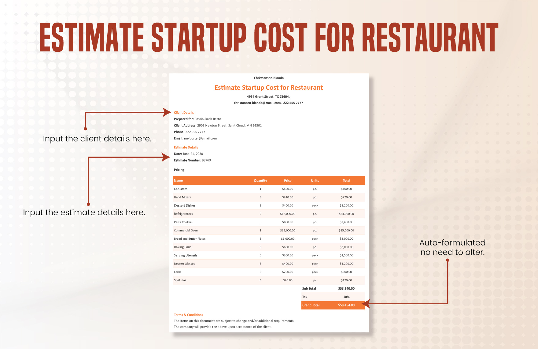 Editable Estimate Startup Cost for Restaurant Template