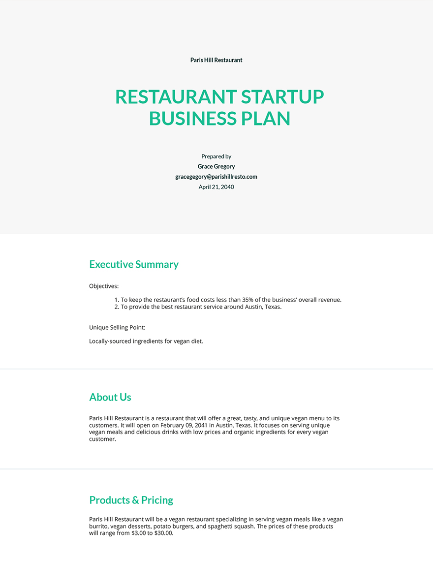 restaurant startup business plan 