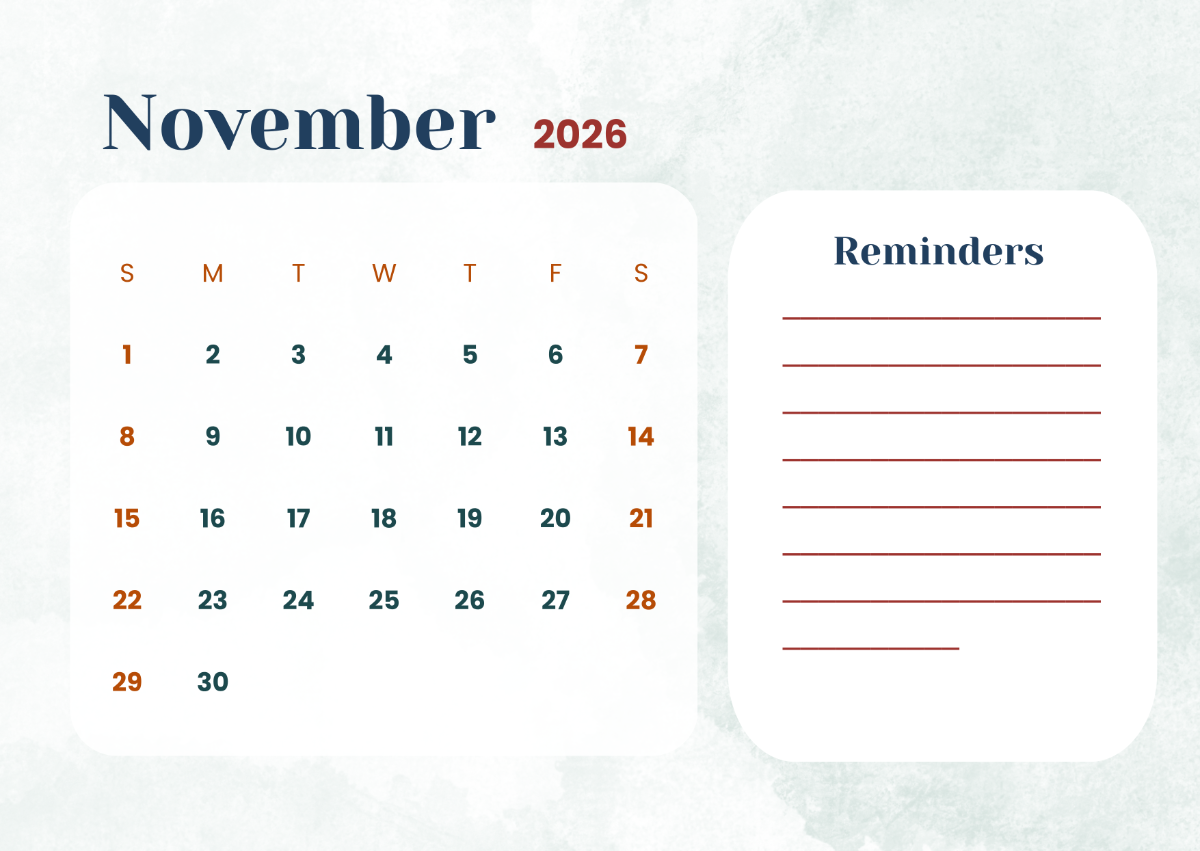 November 2026 Calendar with Reminders Template