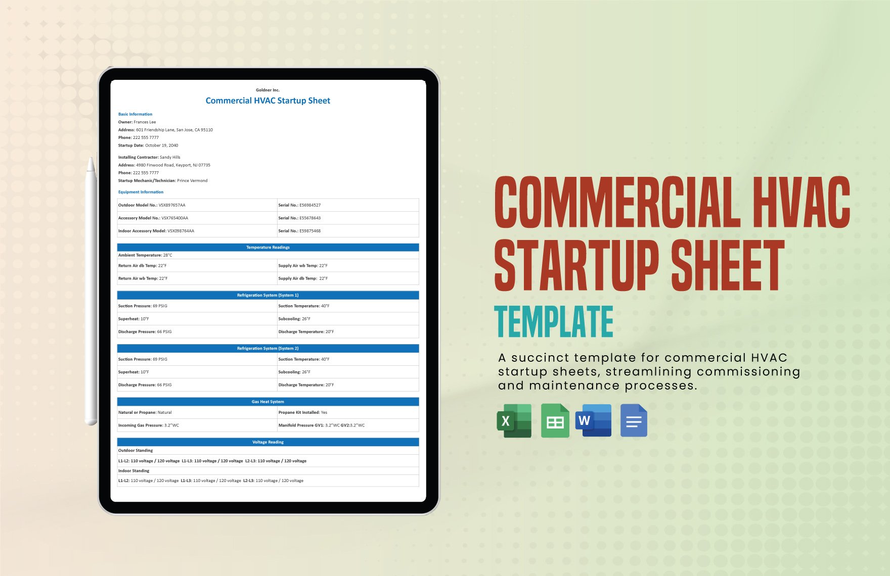 Commercial HVAC Startup Sheet Template in Word, Google Docs, Excel, Google Sheets