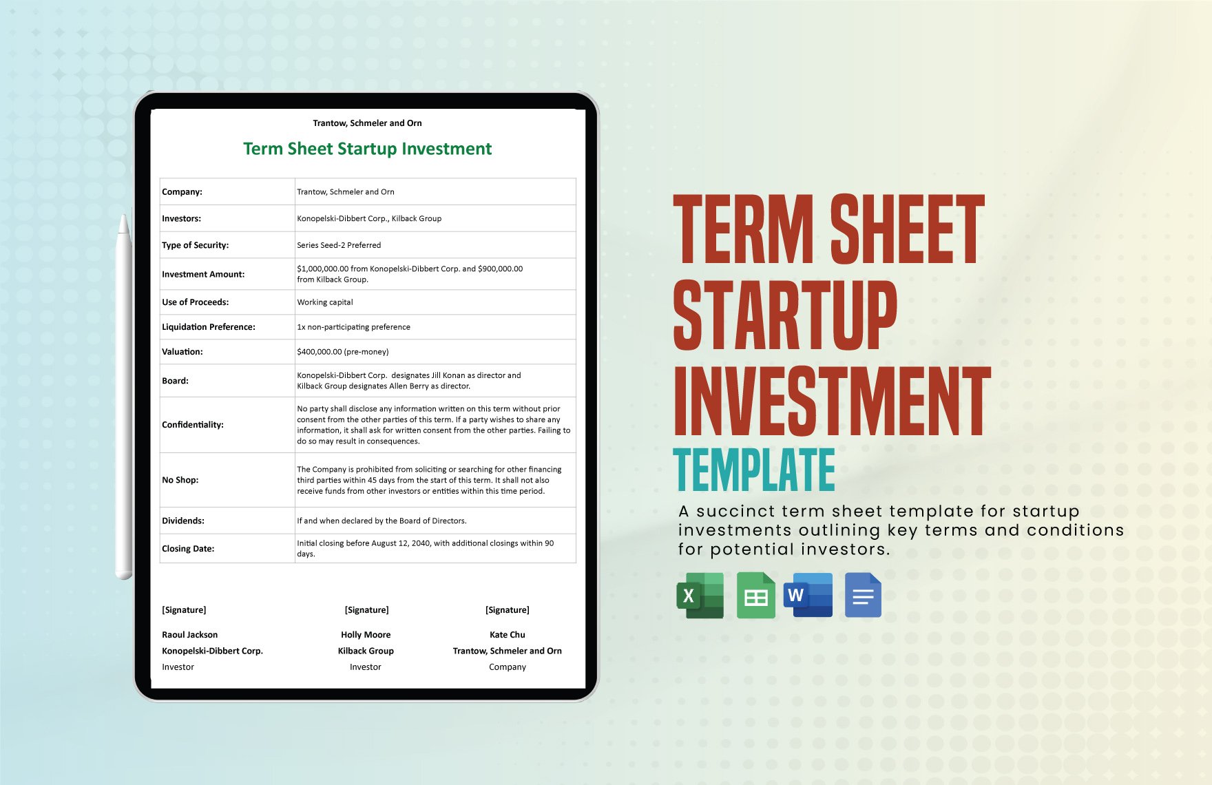 Term Sheet Startup Investment Template in Word, Google Docs, Excel, Google Sheets