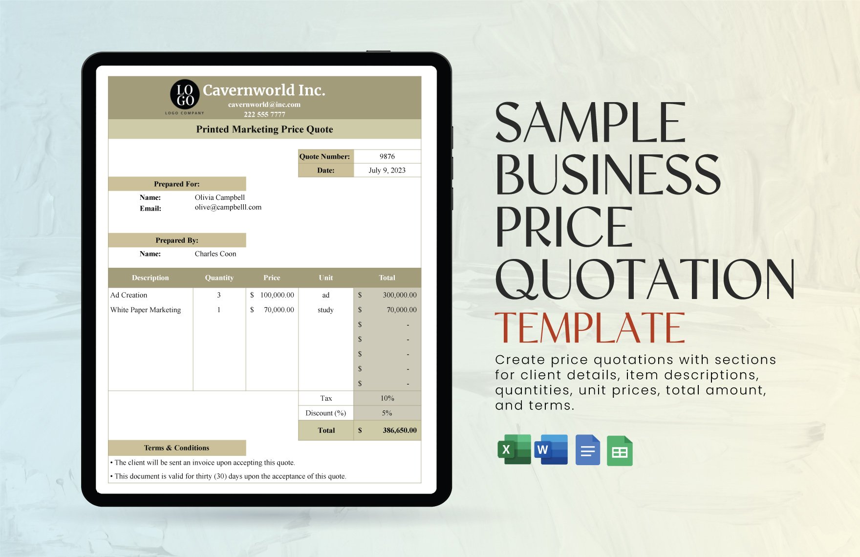 Free Sample Business Price Quotation Template in Word, Google Docs, Excel, Google Sheets