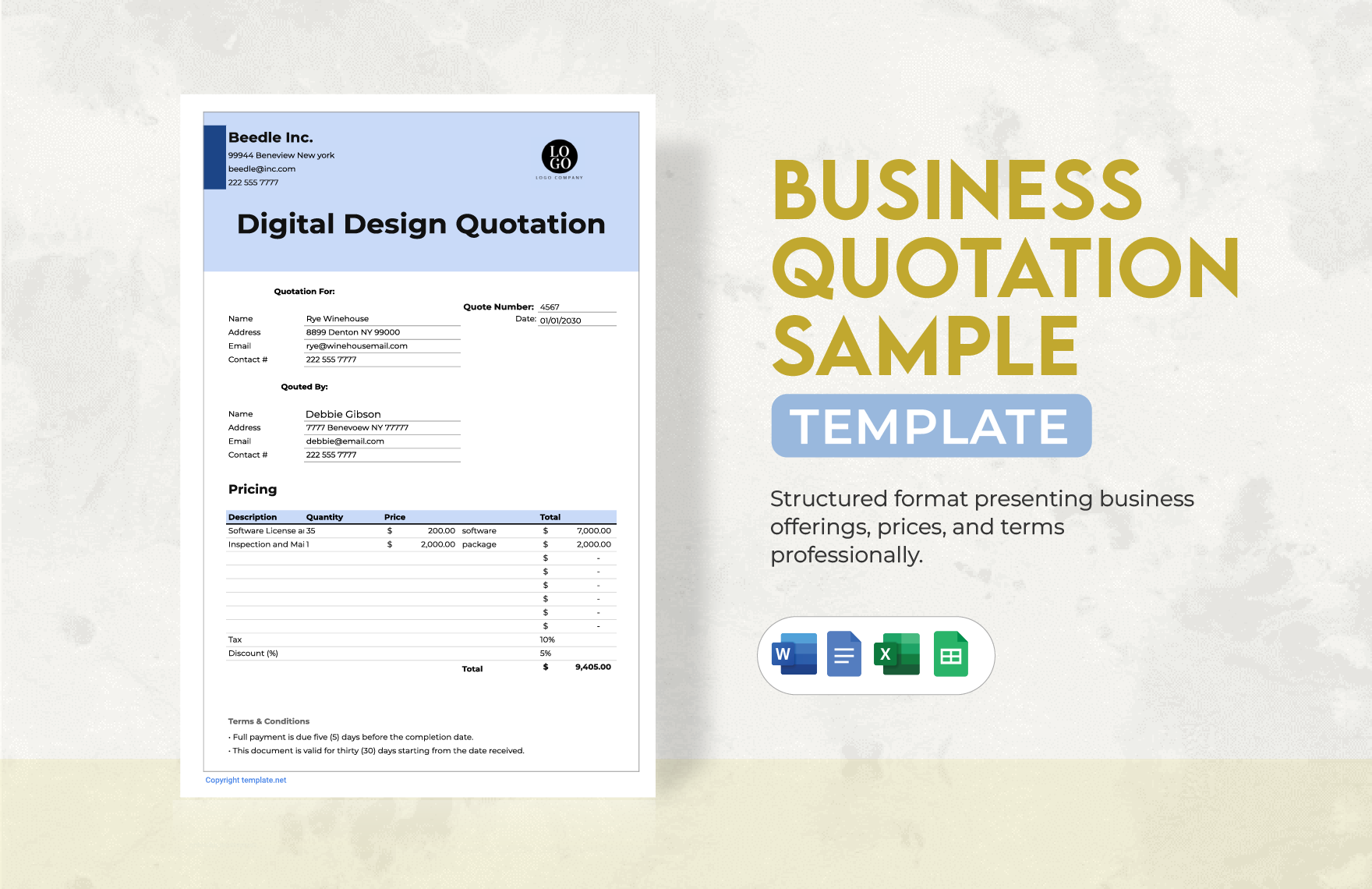 Business Quotation Sample Template in Word, Google Docs, Excel, Google Sheets