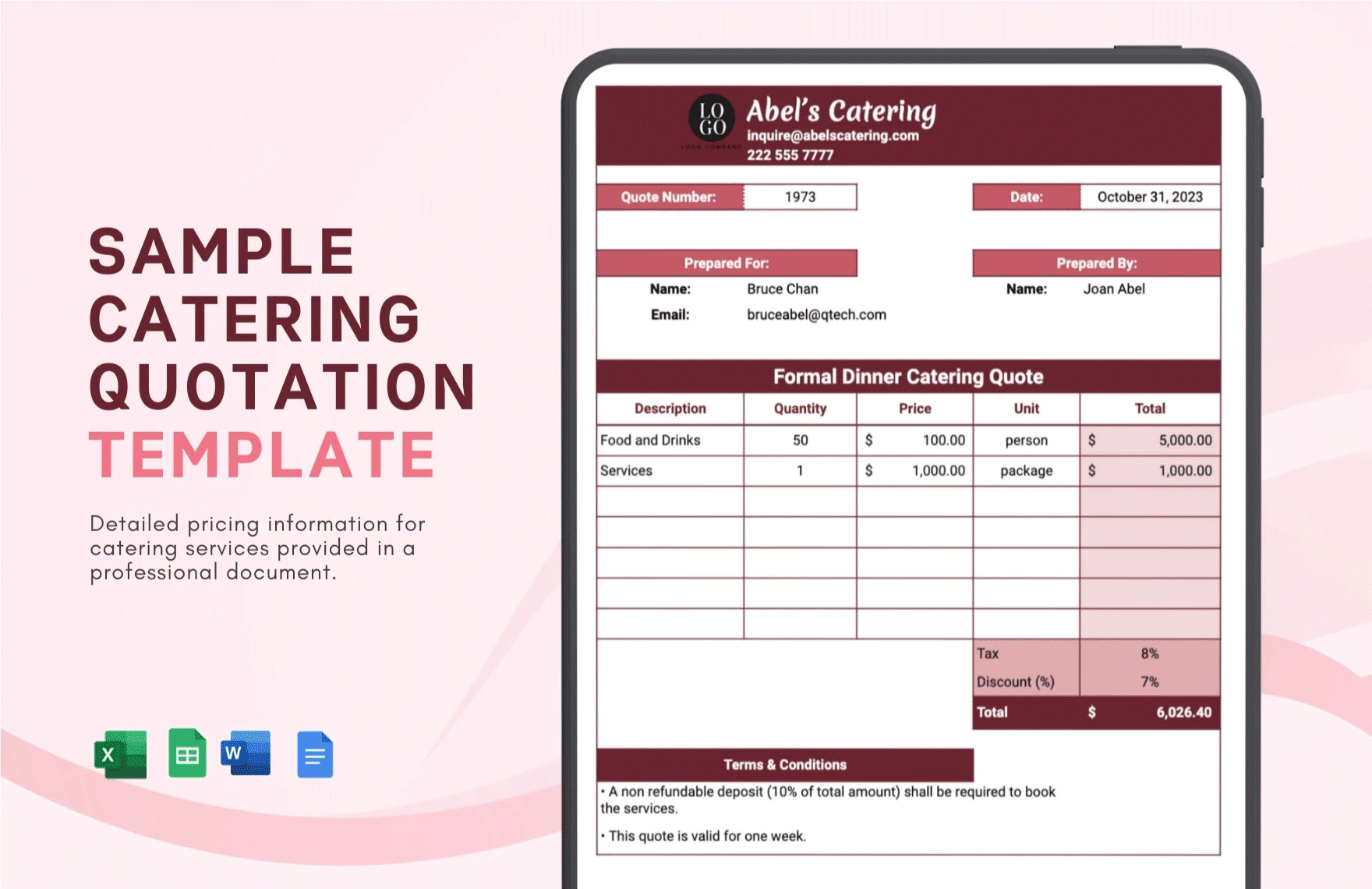 Free Sample Catering Quotation Template in Word, Google Docs, Excel, Google Sheets