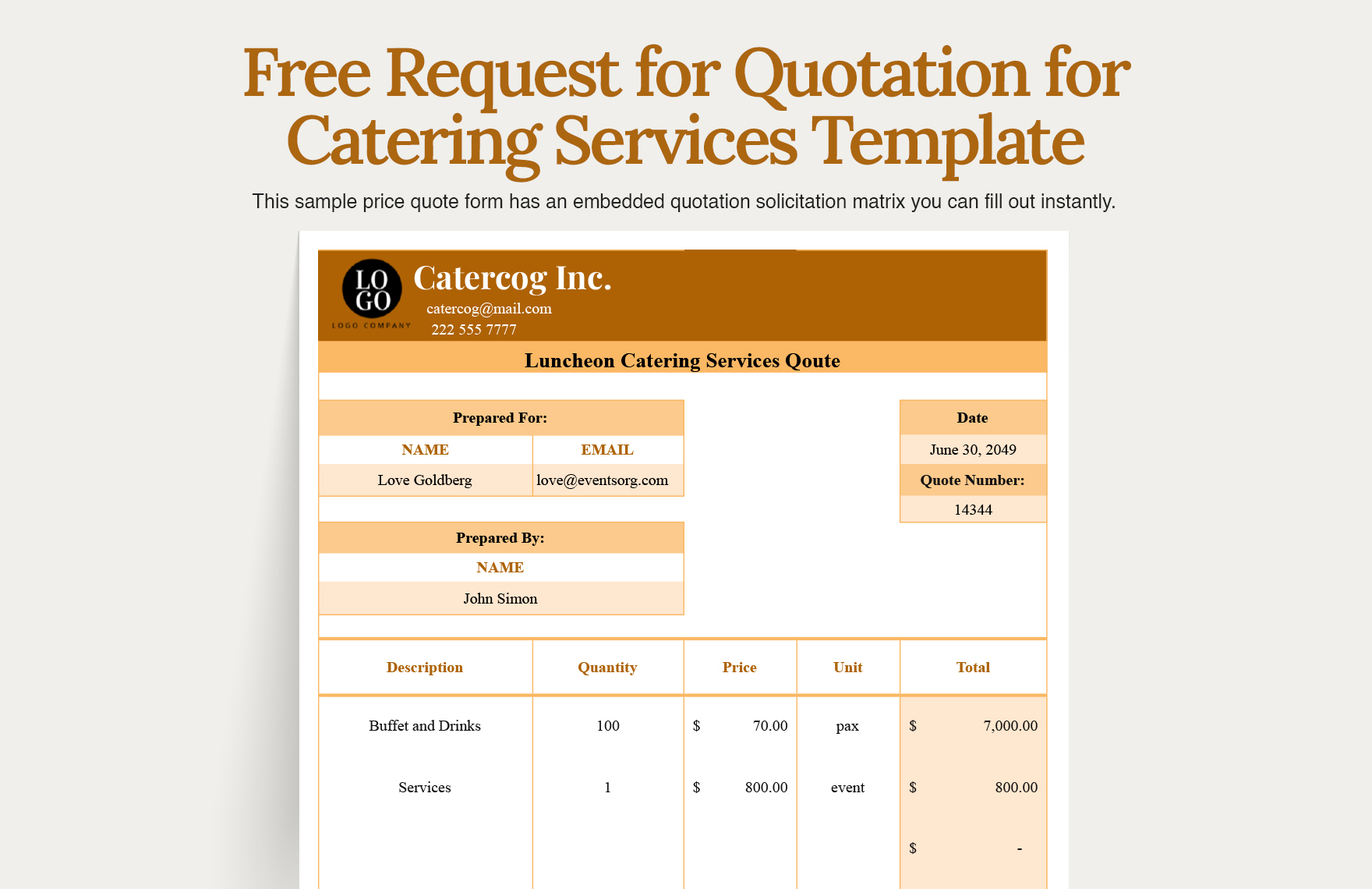 Request for Quotation for Catering Services Template in Word Google