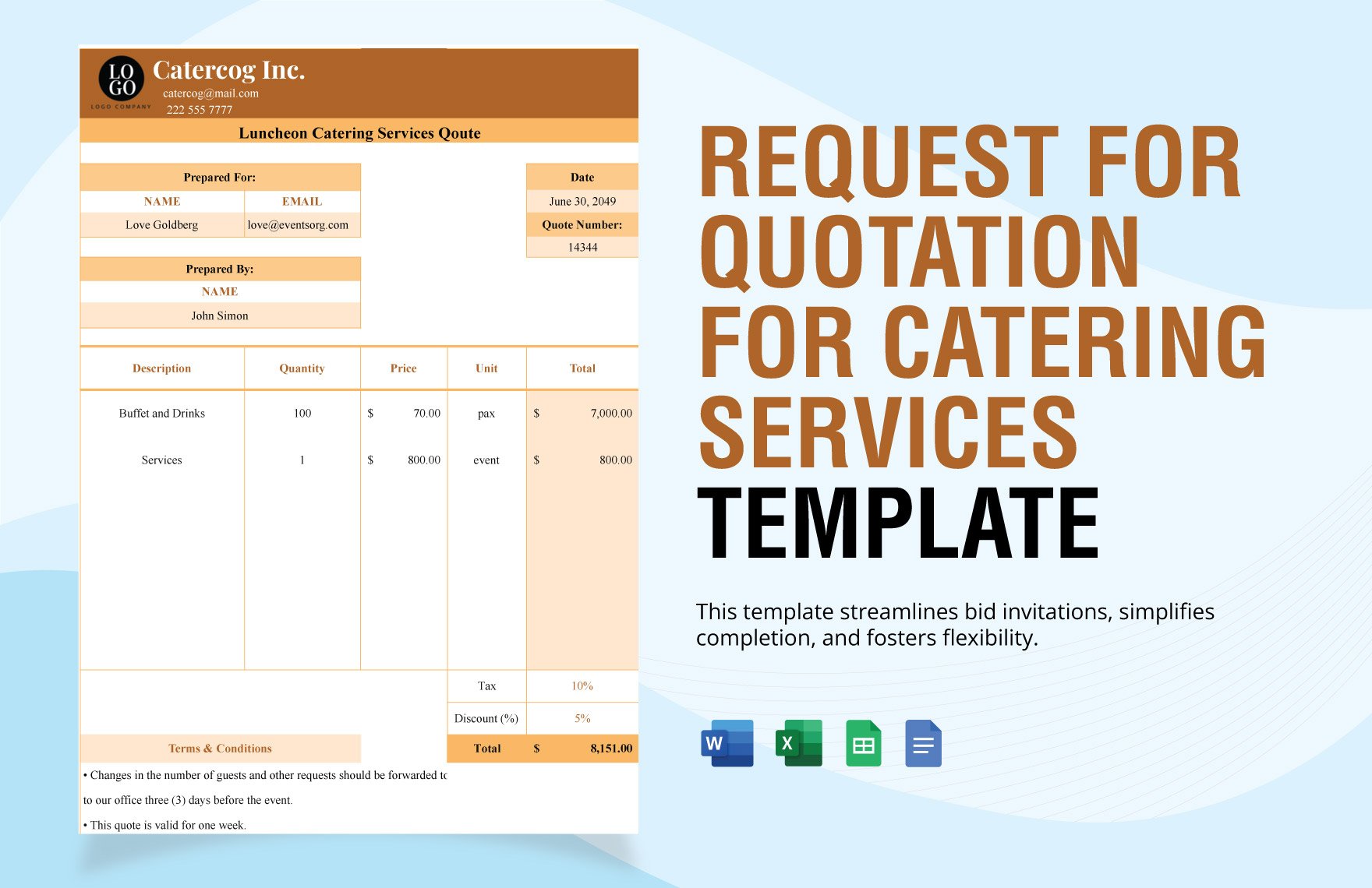 Free Request for Quotation for Catering Services Template in Word, Google Docs, Excel, Google Sheets