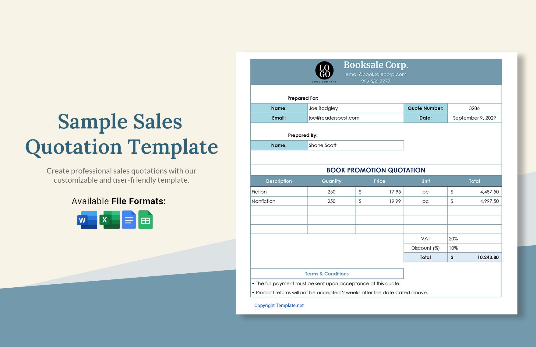 Sample Sales Quotation Template in Word, Google Docs, Excel, Google Sheets