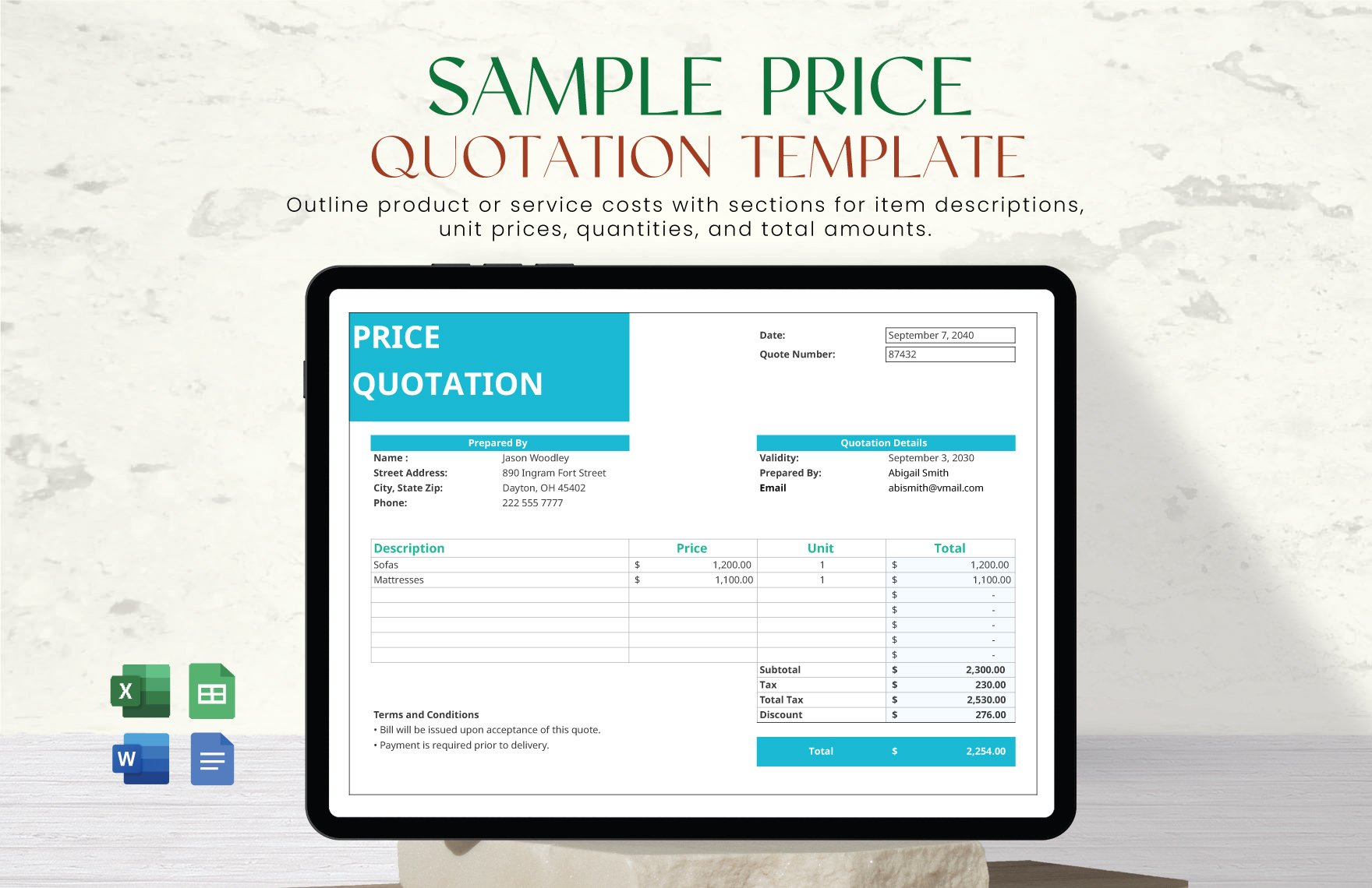 Free Sample Price Quotation Template in Word, Google Docs, Excel, Google Sheets