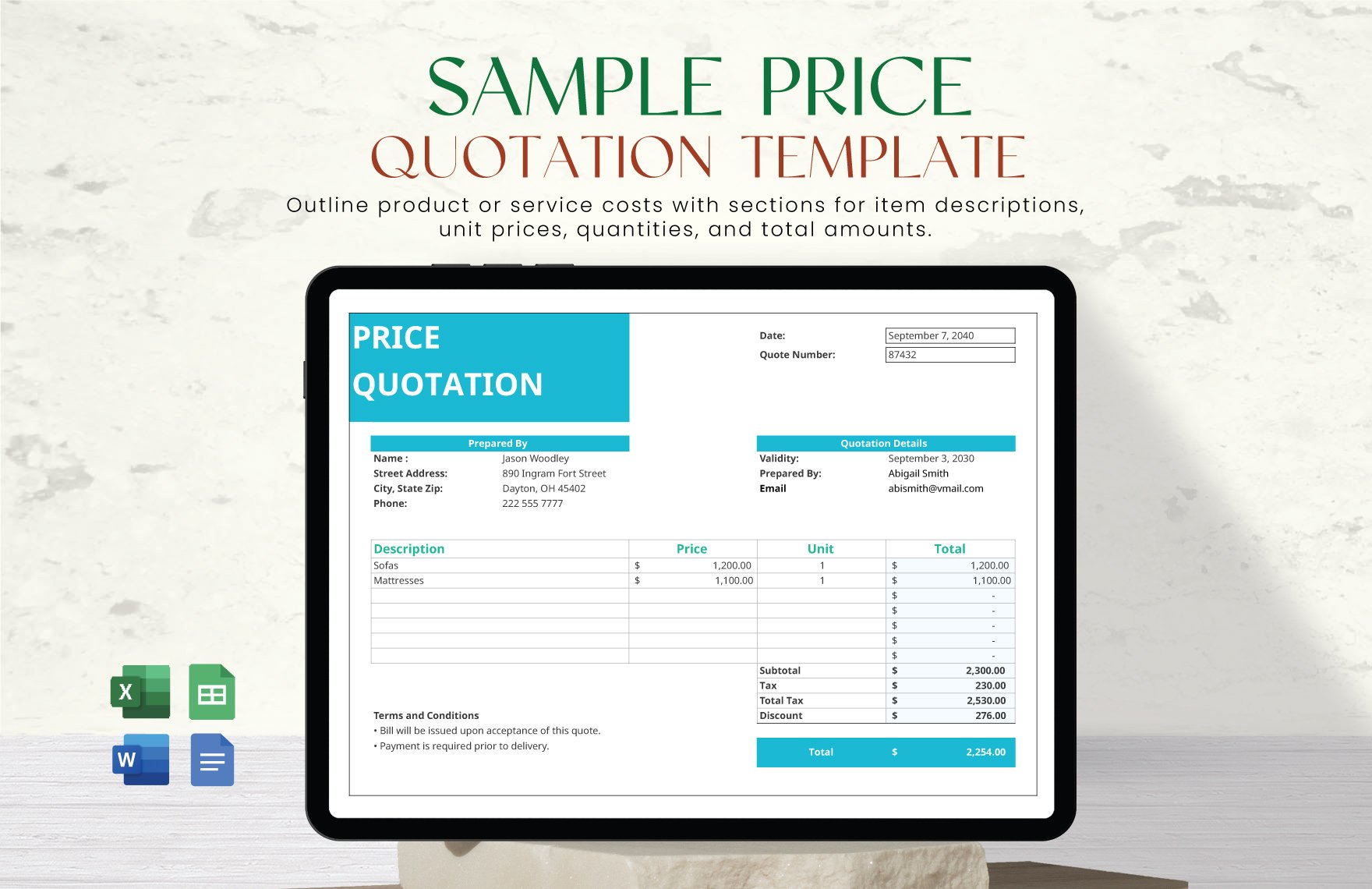 Sample Price Quotation Template in Word, Google Docs, Excel, Google Sheets - Download | Template.net