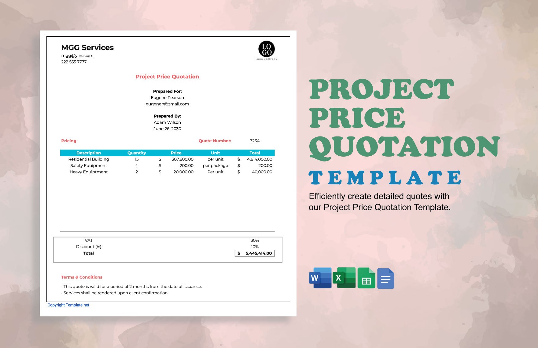 Free Project Price Quotation Template in Word, Google Docs, Excel, Google Sheets