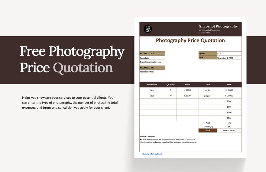 Free Photography Price Quotation Template Google Docs, Google Sheets