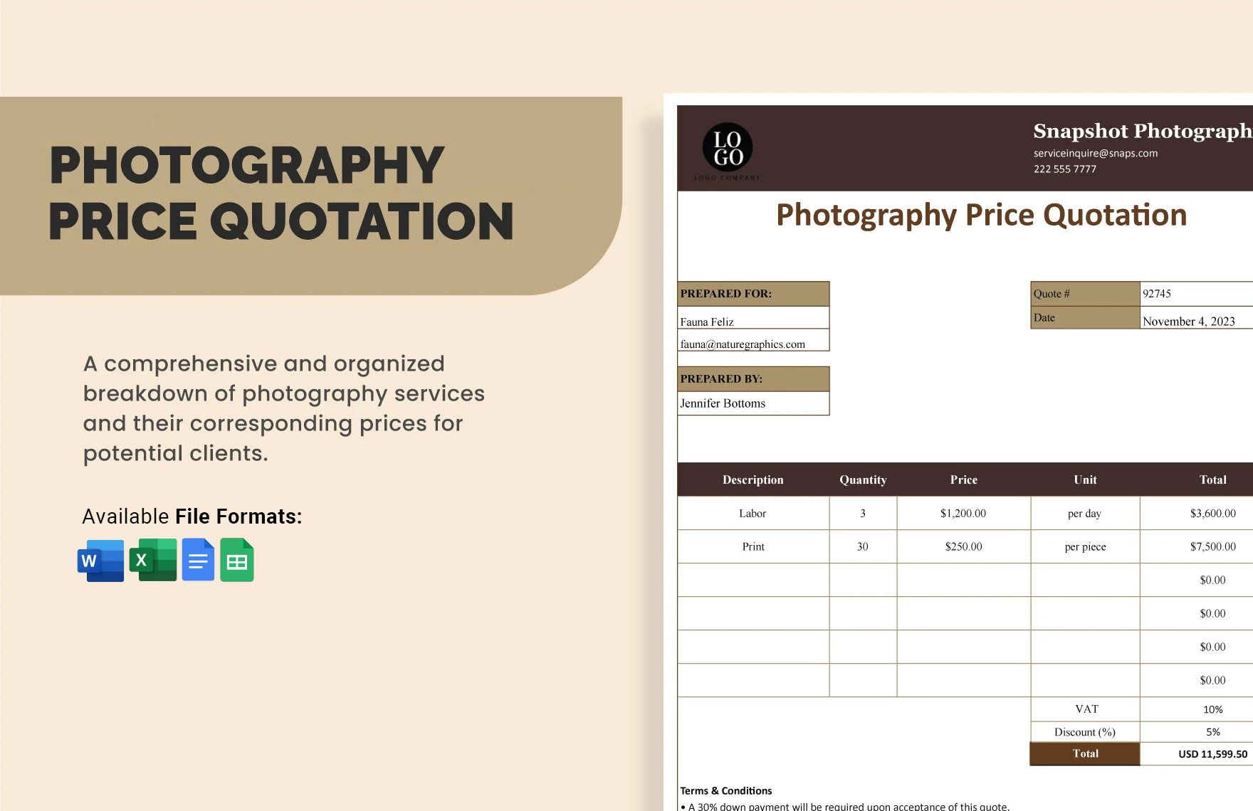 Free Photography Price Quotation Template in Word, Google Docs, Excel, Google Sheets