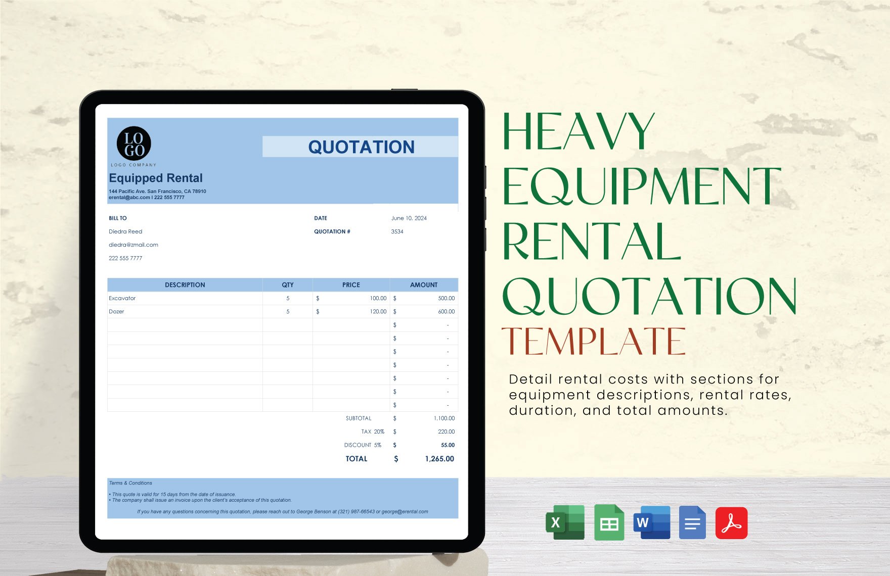 Heavy Equipment Rental Quotation Template in Word, Google Docs, Excel, PDF, Google Sheets