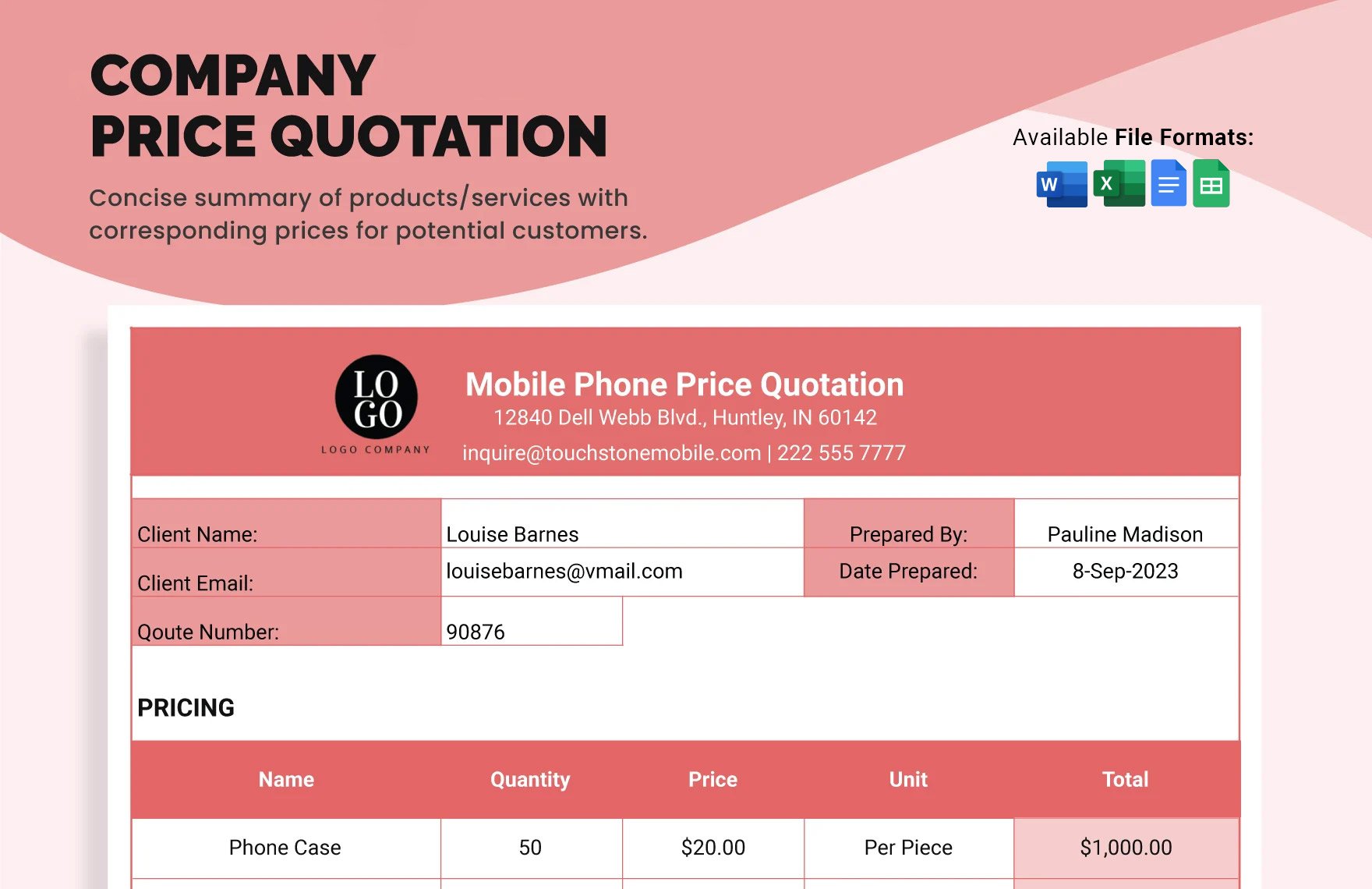 Free Company Price Quotation Template in Word, Google Docs, Excel, Google Sheets