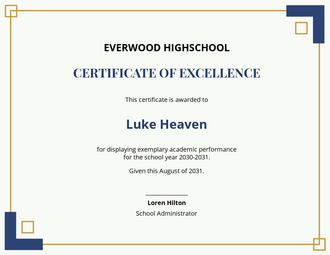 high school academic excellence certificate template - Word
