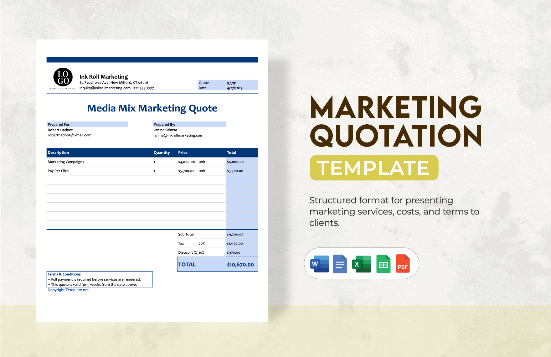 Marketing Quotation Template in Word, Google Docs, Excel, PDF, Google Sheets