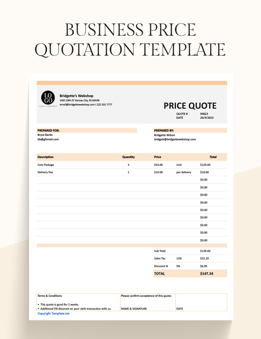 Business Price Quotation Template in Word, Google Docs, Excel, Google Sheets, Apple Pages