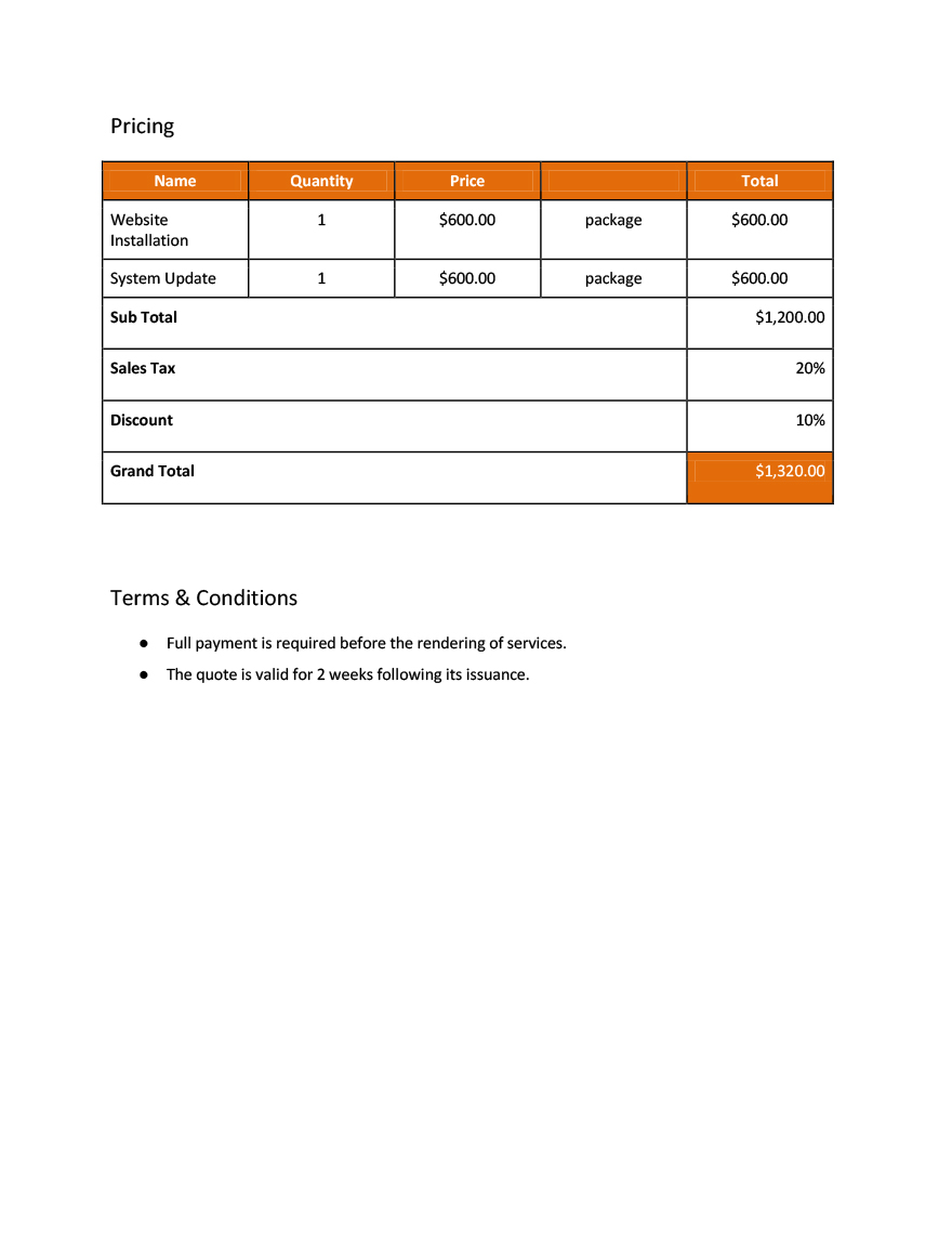 Sales Price Quotation Template Google Docs, Google Sheets, Excel, Word