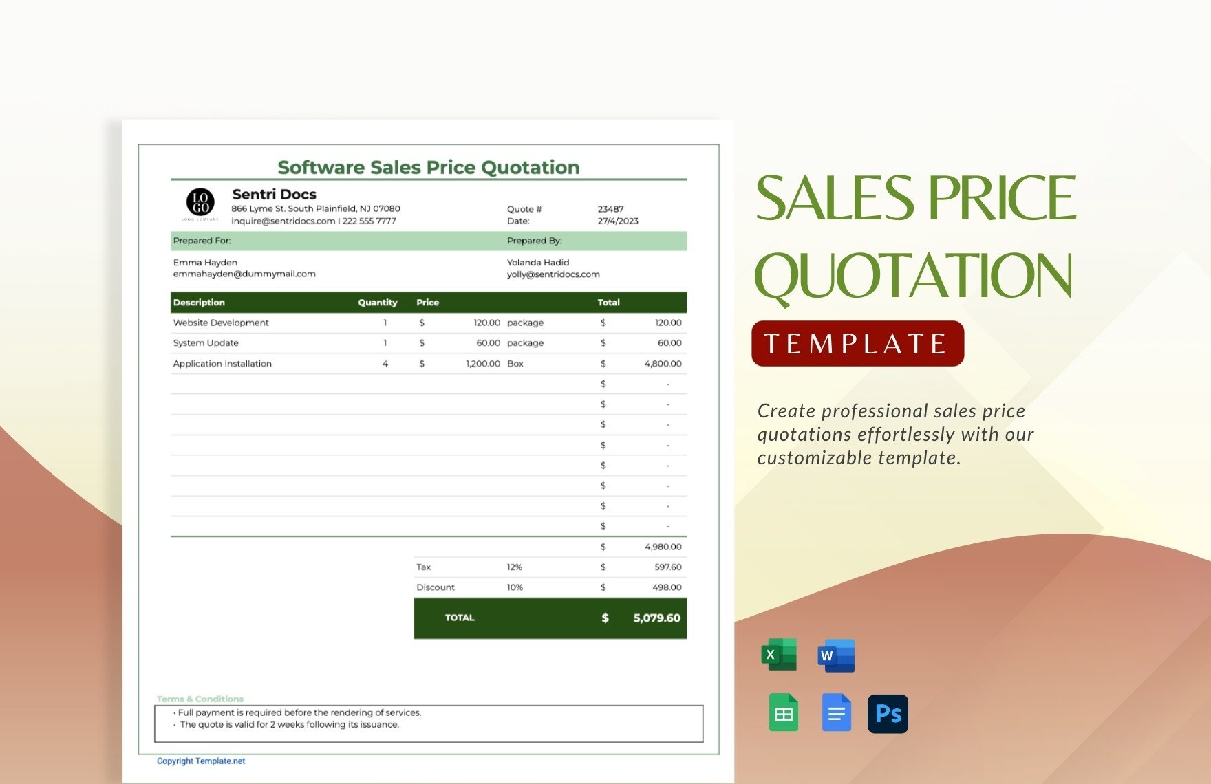 Sales Price Quotation Template in Word, Google Docs, Excel, Google Sheets, PSD